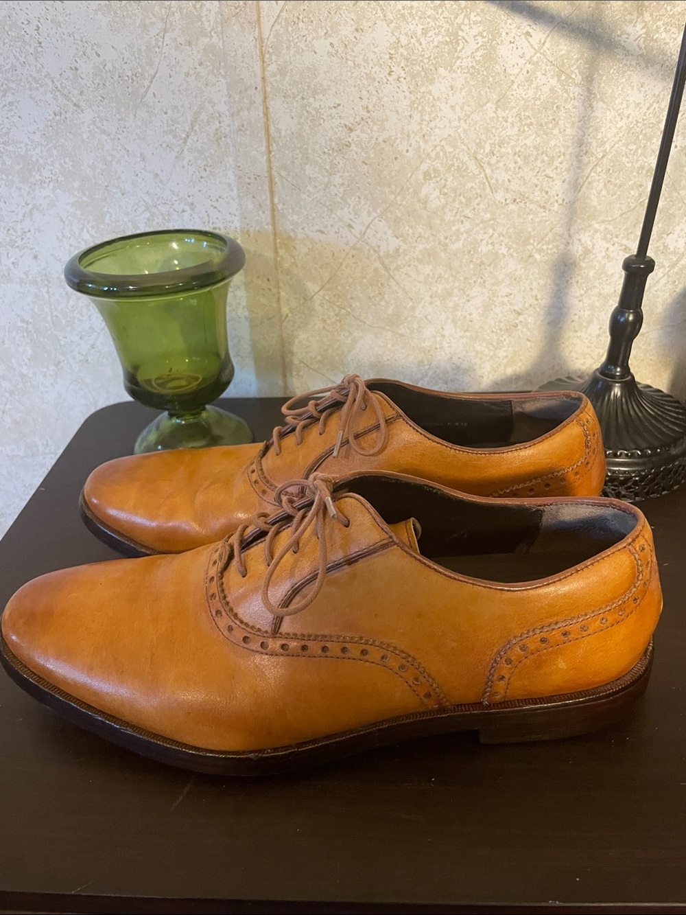 Cole Haan Men's Cognac Leather Derby Oxfords with Brogue Accents